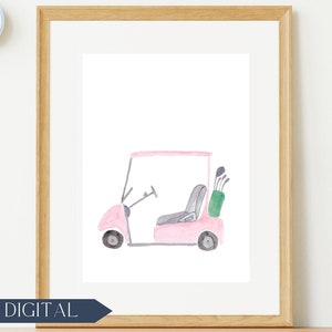 Akwarela Różowy Golf Cart Wydruk do pokoju dziecięcego | Dekoracja do golfa dla dziewczynek | Różowa sztuka golfa | Sztuka ścienna golfa | Pokój dziecięcy o tematyce golfa | CYFROWE