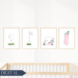 Różowe akwarelowe wydruki do dekoracji pokoju dziecięcego w stylu golfa | Piłka golfowa, flaga golfowa, wózek golfowy, torba golfowa | Golf First Birthday Girl | CYFROWE