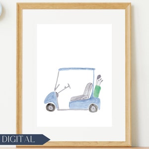 Akwarela Granatowy Golf Cart Print | Sztuka ścienna do pokoju dziecięcego dla chłopców | Dekoracja akwarelowa do golfa | Sztuka akwarelowa do pokoju dziecięcego z motywem golfa i sportu | CYFROWE