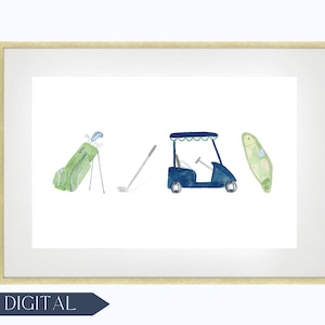 Dekoracja ścienna do pokoju dziecięcego z motywem akwareli golfowej | Torba golfowa z motywem akwareli, kij golfowy, wózek golfowy, wydruk artystyczny dołka golfowego | Dekoracja pokoju dziecięcego z motywem akwareli golfowej dla chłopców | CYFROWE