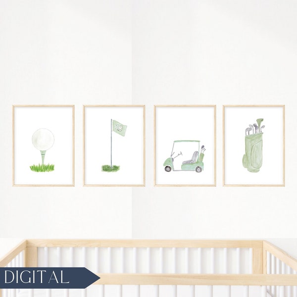 Watercolor Golf Nursery Art Prints in Sage Green | Golf Ball, Golf Flag, Golf Cart, Golf Bag | Green Sports Nursery Decor | DIGITAL