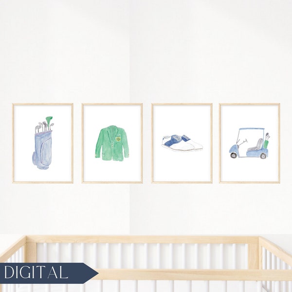 Watercolor Golf Bag, Masters Jacket, Golf Shoes, Golf Cart | Golf Watercolor Nursery Wall Art Print | Boy Sports Nursery Art Decor | DIGITAL