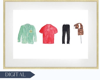 Tiger Woods Golf Watercolor Nursery Wall Art Print | Masters Jacket, Red Golf Shirt, Black Golf Pants, Tiger Woods Club Head Cover | DIGITAL