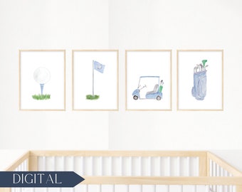 Watercolor Golf Nursery Decor Prints in Navy Blue | Watercolor Golf Ball, Golf Flag, Golf Cart, Golf Bag | Masters Wall Art | DIGITAL