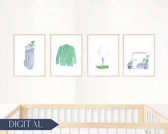 Watercolor Golf Bag, Masters Jacket, Golf Ball Tee, Golf Cart | Golf Nursery Wall Art Print | Boy Sports Nursery Art Decor | DIGITAL