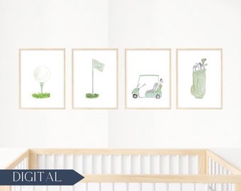 Watercolor Golf Nursery Art Prints in Sage Green | Golf Ball, Golf Flag, Golf Cart, Golf Bag | Green Sports Nursery Decor | DIGITAL