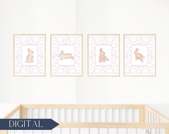Watercolor Bunny Rabbit Nursery Art Prints | Baby Animals Wall Art | Baby Girl Decor | Pink Flowers Art | Nursery Art Printable | DIGITAL