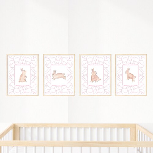 Bunny Nursery Art Pink Bunny Bow Baby Girl Wall Decor Sepia Etsy