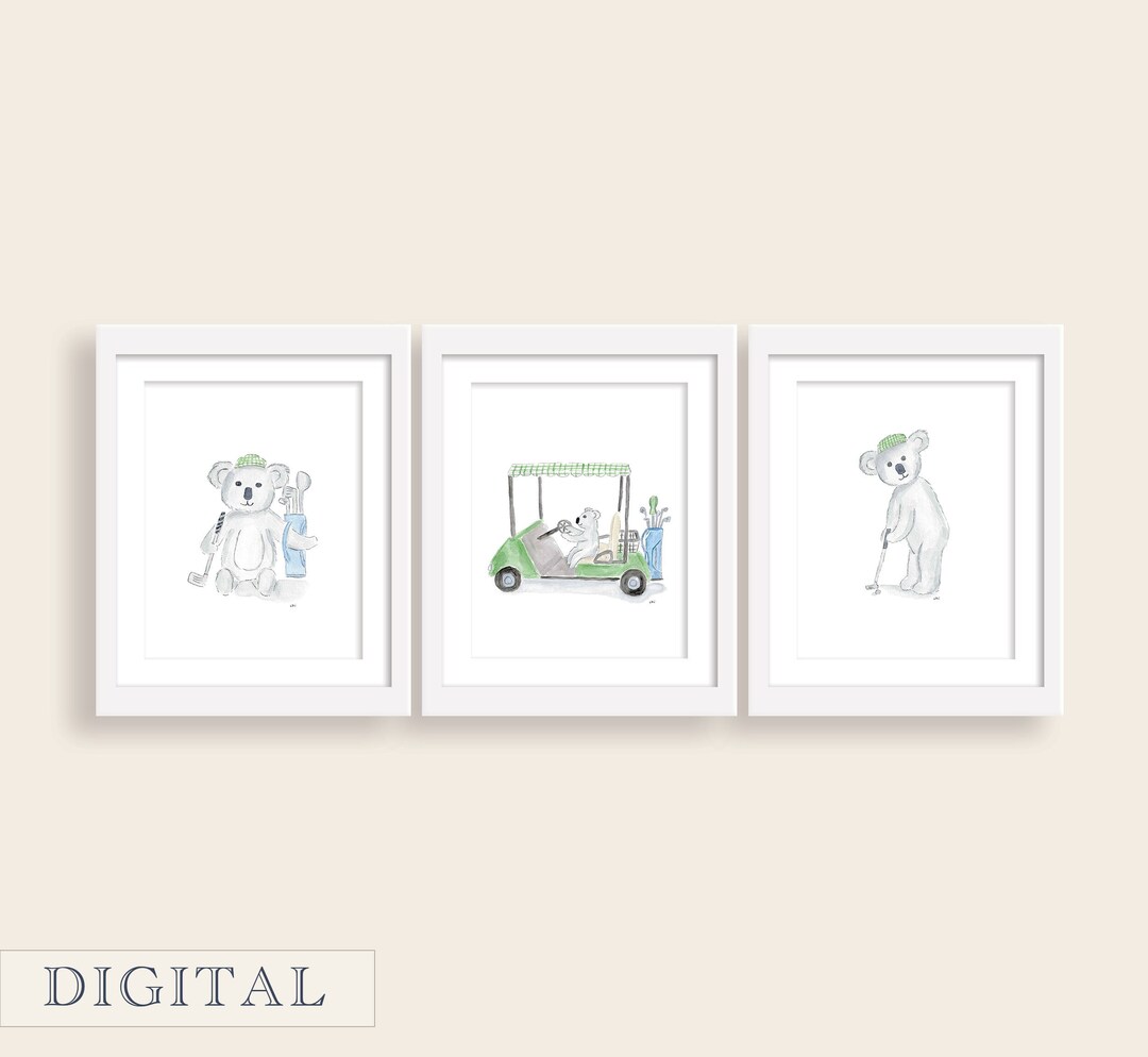 Watercolor Golf Koala Bears Nursery Art Prints | Boy Golf Nursery