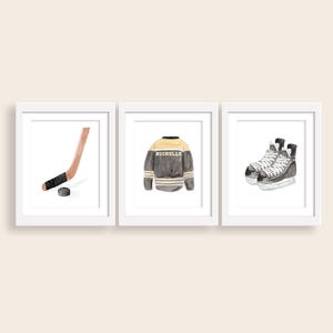 Custom Hockey Watercolor Nursery Art | Hockey Stick, Puck, Jersey, Skates Nursery Wall Art | Boy Hockey Nursery | Boy Nursery Art