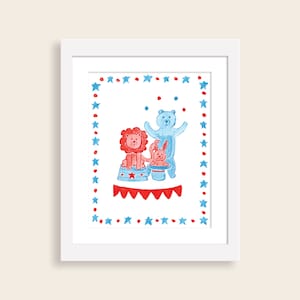 Red and Blue Circus Animals Watercolor Nursery Art Print | Boy Nursery Decor | Patriotic Timeless Classic Nursery Wall Art