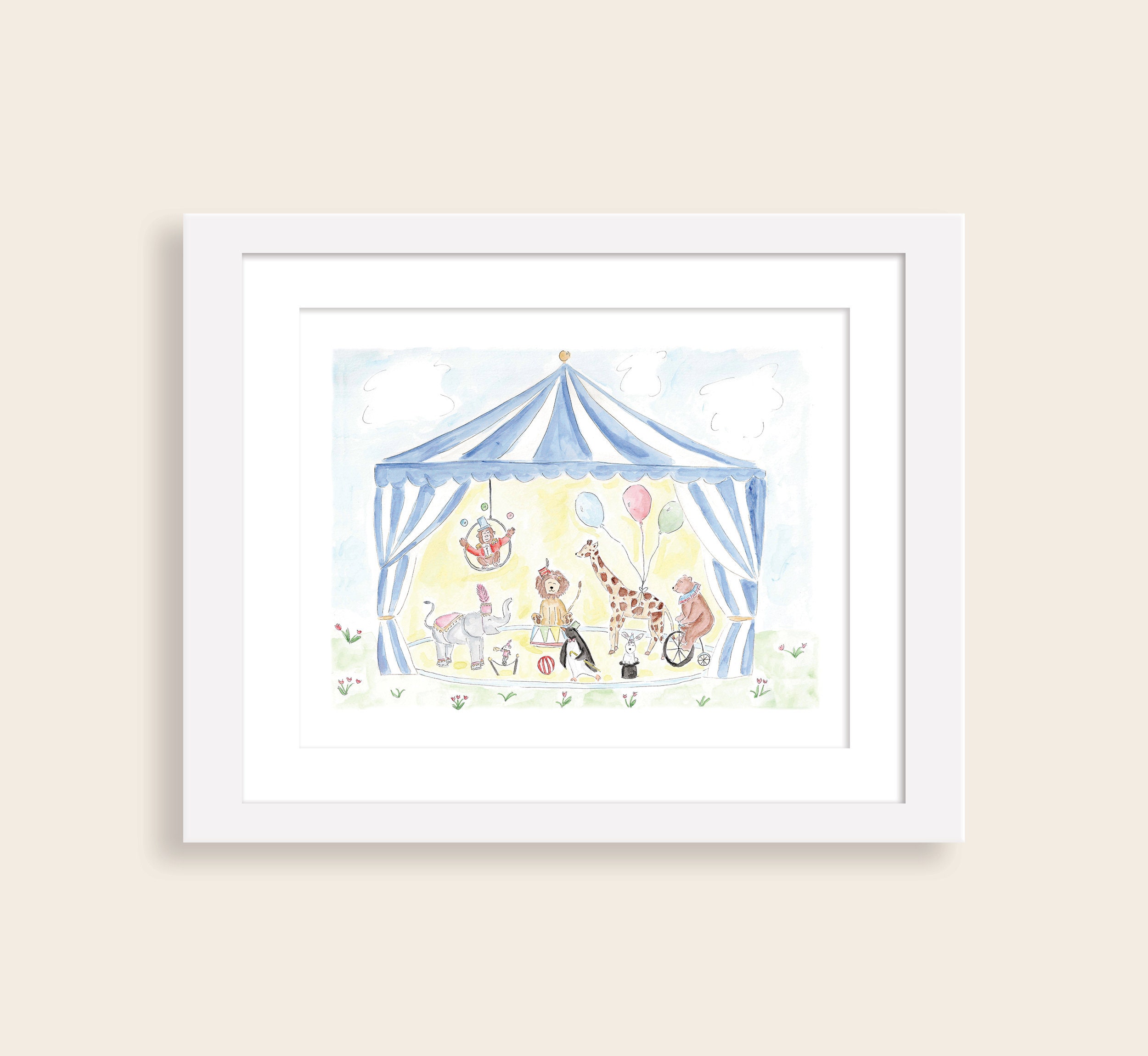 Watercolor Circus Animals Nursery Art Print | Circus Nursery Decor | Elephant, Giraffe, Lion, Bear, Bunny, Monkey, Penguin | Boy Wall Art