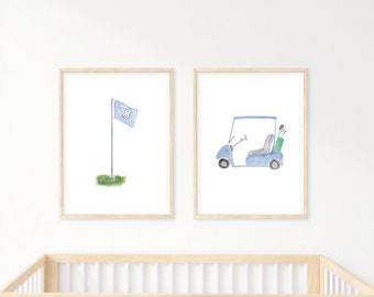 Watercolor Golf Nursery Decor Art Prints | Masters Golf Art | Golf Themed Nursery | Golf Ball, Flag, Cart, Bag | Boy Nursery Wall Art