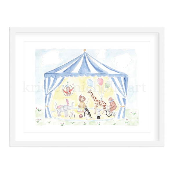 Watercolor Circus Animals Nursery Art Print | Elephant, Giraffe, Lion, Bear, Bunny, Monkey, Penguin | Circus Themed Party | Boy Wall Art