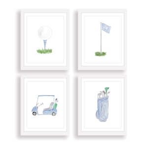 Navy Blue Golf Watercolor Nursery Wall Art Print | Watercolor Golf Ball, Golf Flag, Golf Cart, Golf Bag | Blue Baby Boy Nursery Art