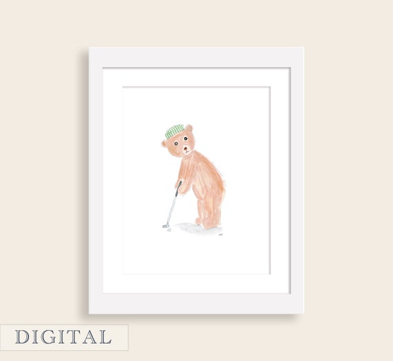 Watercolor Golf Teddy Bear Nursery Art Print | Golf Nursery Decor | Classic Baby Boy Nursery Wall Art | Golf Printable | Golf Club | DIGITAL