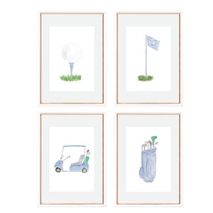 Navy Blue Golf Watercolor Nursery Wall Art Print Watercolor Golf Ball, Golf Flag, Golf Cart, Golf Bag Blue Baby Boy Nursery Art image 3