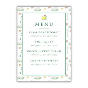 Golf Masters Geburtstagsparty Tabletop-Menü-Zeichen | Golf-Themen-Party-Menü | Printable Menu Tischschild | Menu-Tischschild | DIGITAL