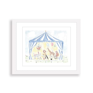May include: Watercolor illustration of a circus scene with a blue and white striped tent. Animals, including an elephant, giraffe, and monkey, perform various acts. The artwork is framed in a white border.
