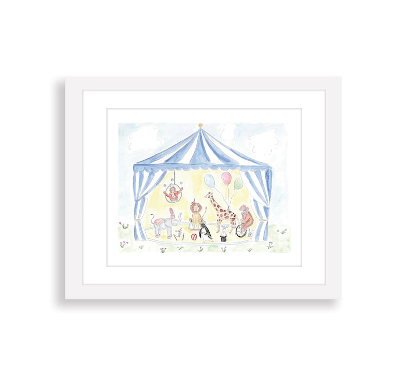 May include: Watercolor illustration of a circus scene with a blue and white striped tent. Animals, including an elephant, giraffe, and monkey, perform various acts. The artwork is framed in a white border.