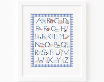 Sports Alphabet Nursery Print | Classic Watercolor Boy Wall Art | Nursery ABCs Art Print | Preppy Baby Room Decor