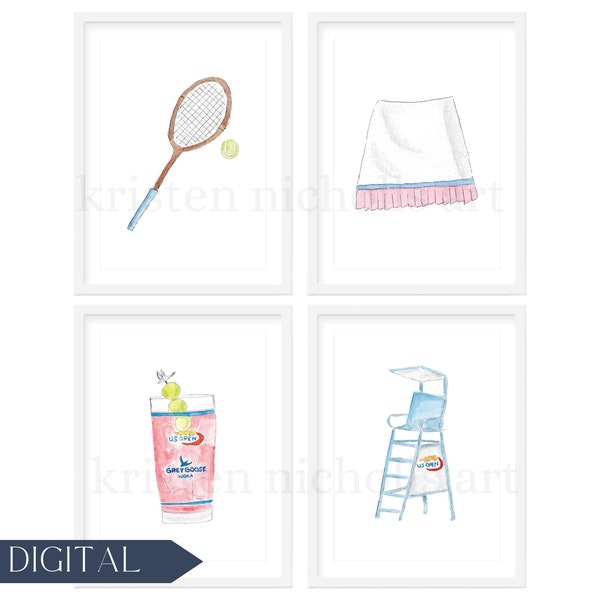Set of 4 Watercolor Tennis Art Prints | Tennis Racket, Tennis Skirt, Honey Deuce, Tennis Umpire Chair | Tennis Nursery Art Decor | DIGITAL