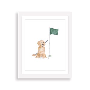 Golf Flag and Dog Watercolor Art Print | Golf Nursery Decor | Boy Golf Wall Art | Golf Gift Baby Boy | Vintage Golf | Baby Dog Golf Art