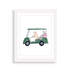 Golf Cart and Dog Watercolor Art Print | Girl Golf Nursery Decor | Golf Wall Art | Golf Gift Baby Girl | Vintage Golf | Dog Golf Art