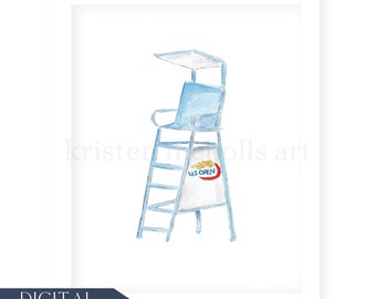 Watercolor Tennis Umpire Chair | Girl Sports Wall Art | Tennis Nursery Decor | Kids Room Art | DIGITAL