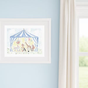 Watercolor Circus Animals Nursery Art | Circus Nursery Decor | Elephant, Giraffe, Lion, Bear, Bunny, Monkey, Penguin | Blue Nursery Wall Art image 2