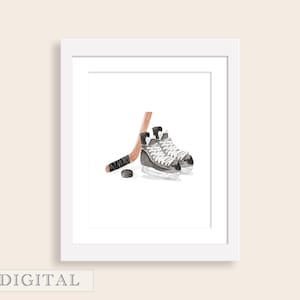 Hockey Watercolor Nursery Art | Hockey Stick, Puck, Skates Nursery Art | Boy Hockey Nursery | Boy Nursery Art | Sports Wall Art | DIGITAL