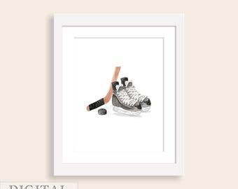 May include: A watercolor illustration of a hockey stick and a pair of ice skates. The stick is brown with a black tape wrap. The skates are black and white with laces. A black puck is on the ground.