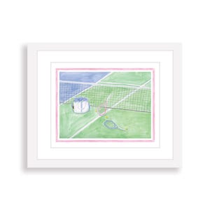Pastel Preppy Tennis Court Watercolor Print with Hydrangeas | Tennis Art for Nursery, Girl&#39;s Room, Dorm, Office | Country Club Tennis Art