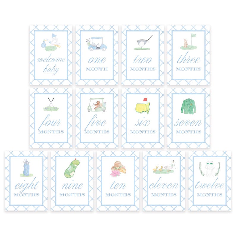 Golf Baby Boy Monthly Milestone Cards Watercolor | Blue Golf Baby Gift ...