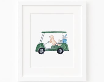 Golf Cart and Dog Watercolor Art Print | Golf Nursery Decor | Boy Golf Wall Art | Golf Gift Baby Boy | Vintage Golf | Baby Dog Golf Art