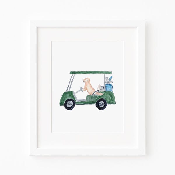Golf Cart and Dog Watercolor Art Print | Golf Nursery Decor | Boy Golf Wall Art | Golf Gift Baby Boy | Vintage Golf | Baby Dog Golf Art