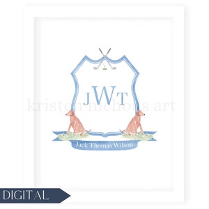 Benutzerdefinierte Monogramm Baby Boy Golf Crest Aquarell | Personalisiertes Kinderzimmer Golf Wappen | Golf Kinderzimmer Namensschild | Klassisches Jungen-Kinderzimmer | DIGITAL