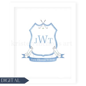 Benutzerdefinierte Monogramm Baby Boy Golf Crest Aquarell | Personalisiertes Kinderzimmer Golf Wappen | Golf Kinderzimmer Namensschild | Klassisches Jungen-Kinderzimmer | DIGITAL
