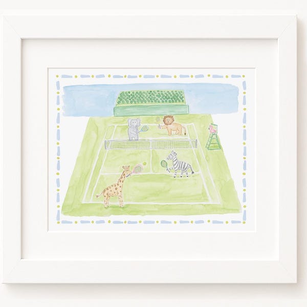 Watercolor Tennis Nursery Art Print | Animals Playing Tennis | Preppy Boy Room Decor | Classic Children’s Wall Art | Wild at Wimbledon