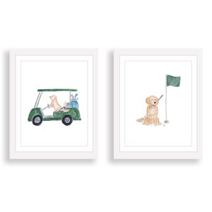 Golf Dog and Golf Cart Watercolor Art Print | Golf Nursery Decor | Boy Golf Wall Art | Golf Gift Baby Boy | Vintage Golf | Baby Boy Golf Art