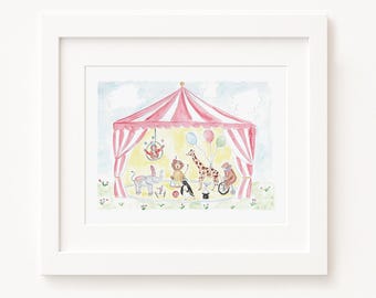 Watercolor Circus Animals Nursery Art | Circus Nursery Decor | Elephant, Giraffe, Lion, Bear, Bunny, Monkey, Penguin | Pink Nursery Wall Art