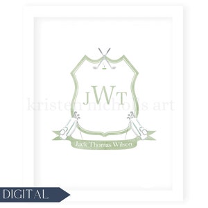 Benutzerdefinierte Monogramm Baby Boy Golf Crest Aquarell | Personalisiertes Kinderzimmer Golf Wappen | Golf Kinderzimmer Namensschild | Klassisches Jungen-Kinderzimmer | DIGITAL