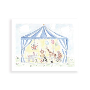 May include: Watercolor illustration of a circus scene with a blue and white striped tent. Animals including an elephant, lion, giraffe, and bear are performing. A ringmaster and a trapeze artist are also present, with balloons and a grassy foreground.