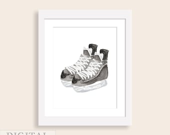 May include: A watercolor illustration of a pair of black and white ice skates. The skates are tied together and have laces. The background is white.