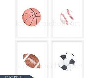 Aquarell Sport Kinderzimmer Dekor Wandkunst | Basketball, Baseball, Football, Fußball Kunstdruck | Junge Kinderzimmer Dekor | Junge Wandkunst | DIGITAL