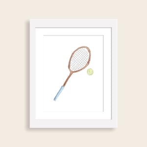 Watercolor Tennis Racket and Ball Wall Art Print | Tennis Nursery Decor | Nursery Wall Art | Kids Room Art | Dorm Room Art | Tennis Decor