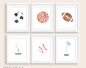 May include: Set of six printable watercolor illustrations of sports equipment, including a soccer ball, basketball, football, golf ball, baseball, and a golf flag. The illustrations are in a white frame against a beige background.