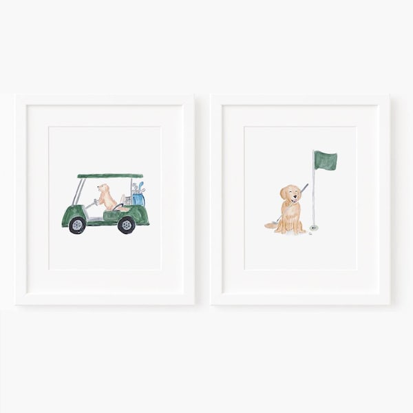 Set de dos láminas para habitación infantil con temática de golf con perros / Arte de golf con Golden Retriever / Acuarela clásica para pared infantil / Decoración tradicional estilo preppy para habitación de bebé