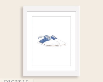Zapatos de golf marinos Impresión de acuarela / Arte de pared de la habitación de la guardería del niño / Decoración de la acuarela del golf / Arte de la acuarela de la guardería temática de los deportes de golf / DIGITAL
