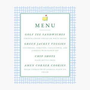May include: A menu with a light blue and white checkered background. The menu has a green border and features the word "MENU" at the top, along with a golf course logo. The menu lists "Golf Tee Sandwiches", "Green Jacket Veggies", "Chip Shots", and "Amen Corner Cookies".
